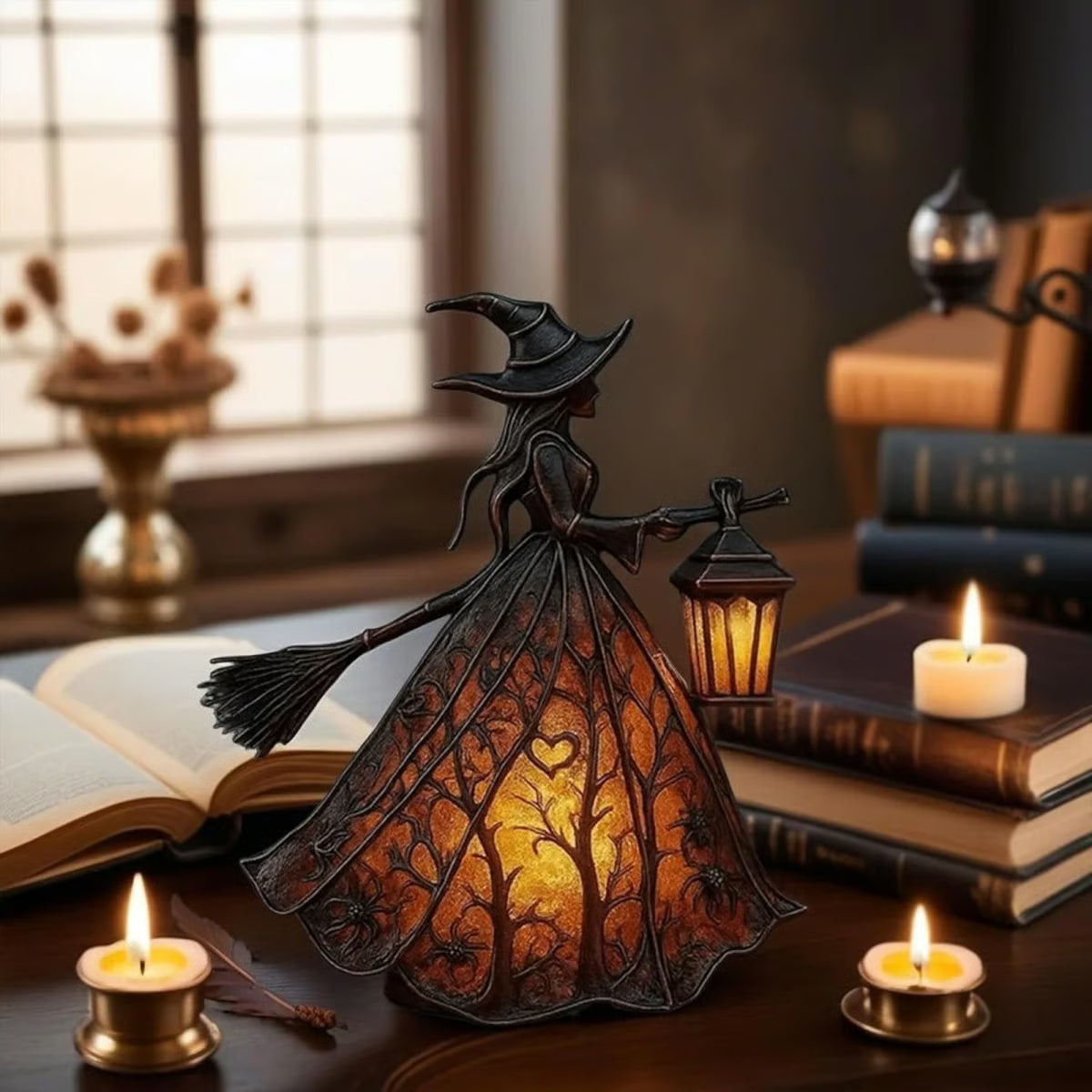 🧙‍♀️Lampa čarodějnice na Halloween, strašidelná gotická dekorativní lucerna, jedinečný dekorativní stolní lampa, noční světlo s nožičkami.
