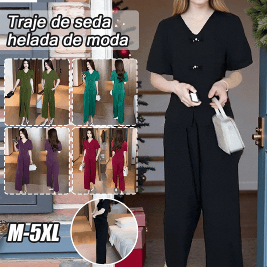 🌸【Top + Pantalones anchos】Traje de seda helada de moda