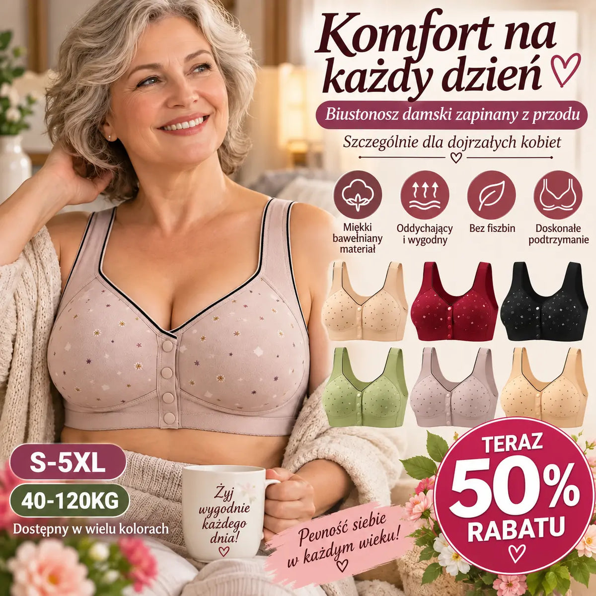 😍【Zestaw 3 sztuk】Damski biustonosz bez fiszbin, zapinany z przodu 【40–120 kg】❤️Wygodny, antybakteryjny, z naturalnej bawełny