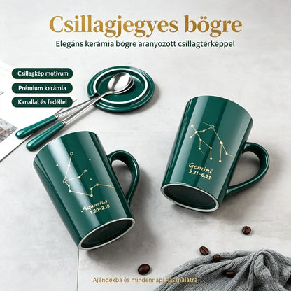 【🔥Hot Eladó】Tizenkét csillagkép sorozatú bögre tetővel és kanállal, ajándékdobozban, nagy kapacitású kulacs