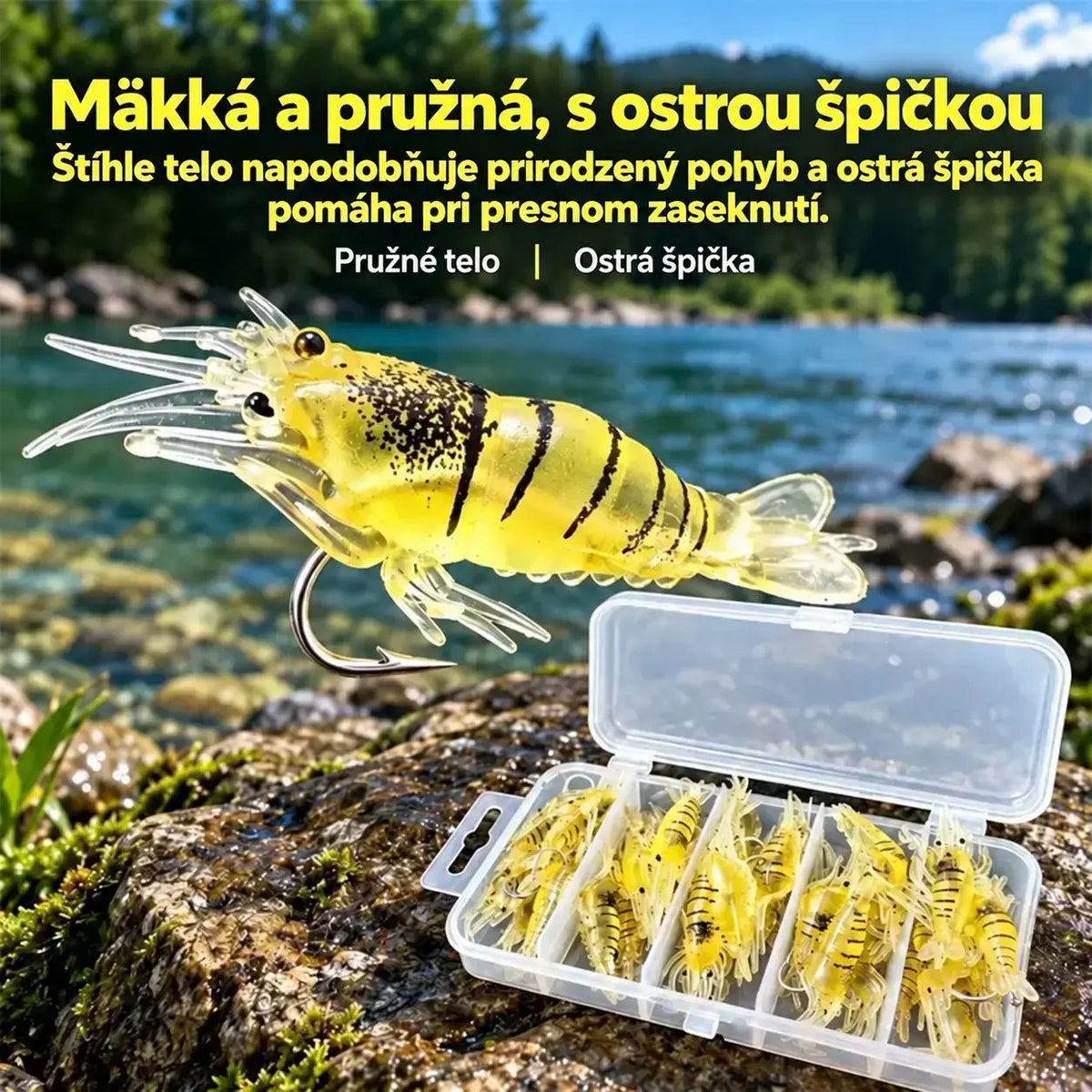 🎣 Vysoko realistická umelá kreveta s háčikom – 30 kusov v praktickej krabičke, ideálna na sladkú aj slanú vodu, odolná a opakovane použiteľná.