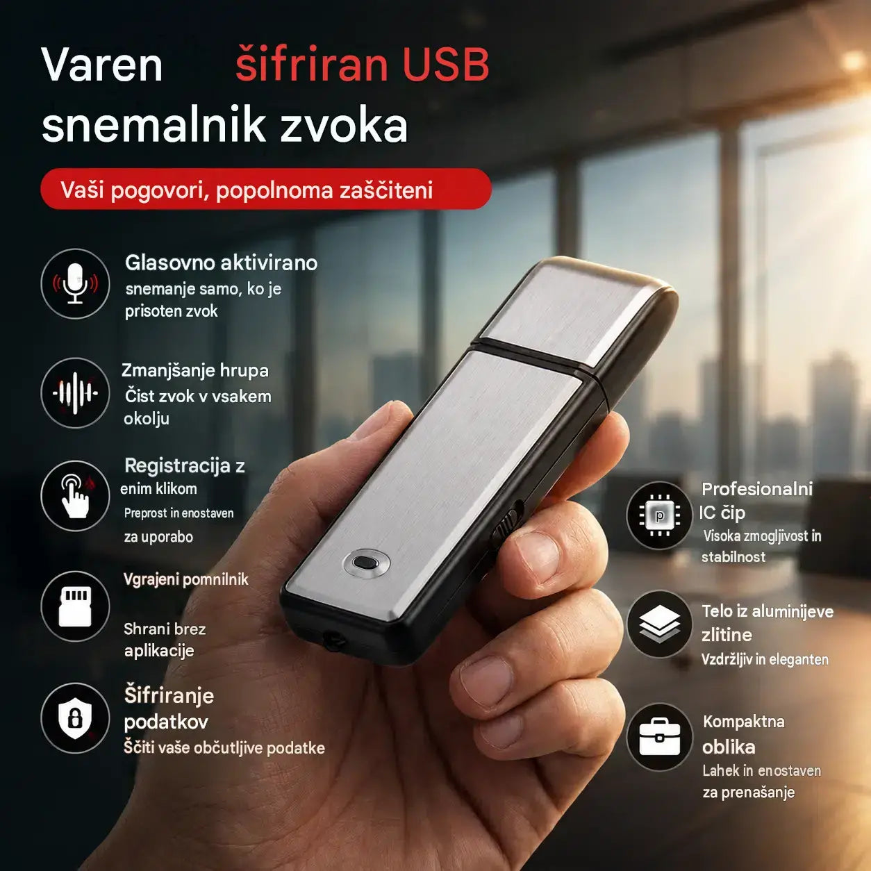 Prenosni visokoločljivostni USB snemalnik zvoka z zmanjševanjem šuma