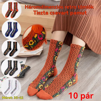 💐【5/10 pár】🧦2026-ös őszi és téli vastag etnikai stílusú virágmintás, lábszárközépig érő női zokni