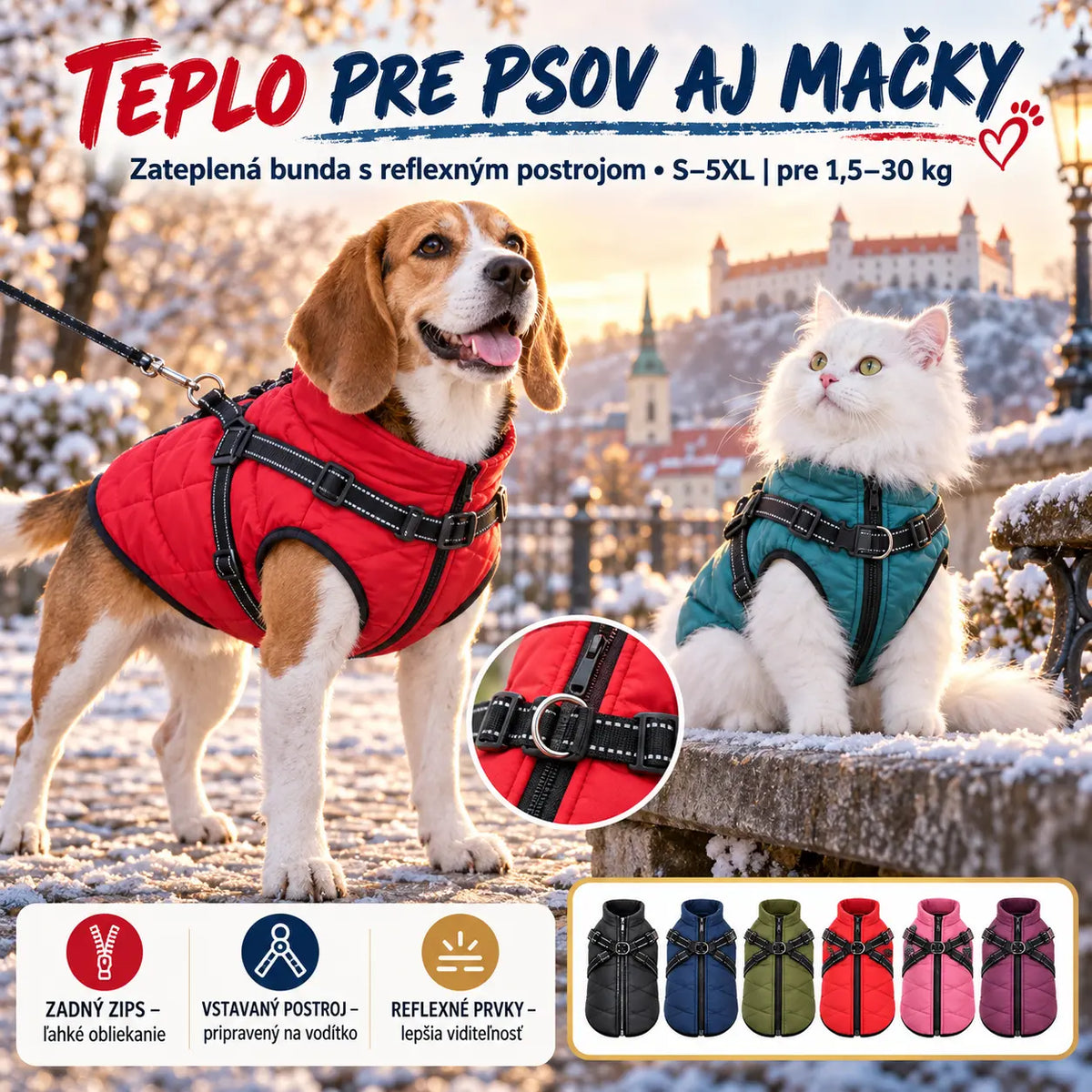 🐱🐶❄️Teplá zateplená bunda pre psov a mačky – vodeodolná, s reflexnými prvkami a integrovaným postrojom. Veľkosti S-5XL pre všetky plemená! ✨