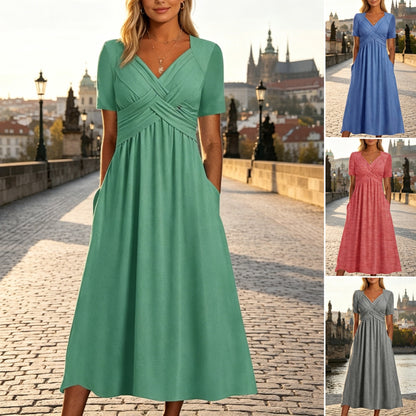 💃【S-3XL】Tiszta színű, hétköznapi divatos közepes hosszúságú ruha