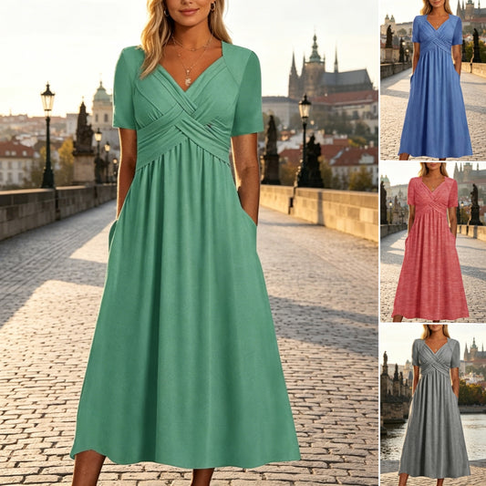 💃【S-3XL】Tiszta színű, hétköznapi divatos közepes hosszúságú ruha