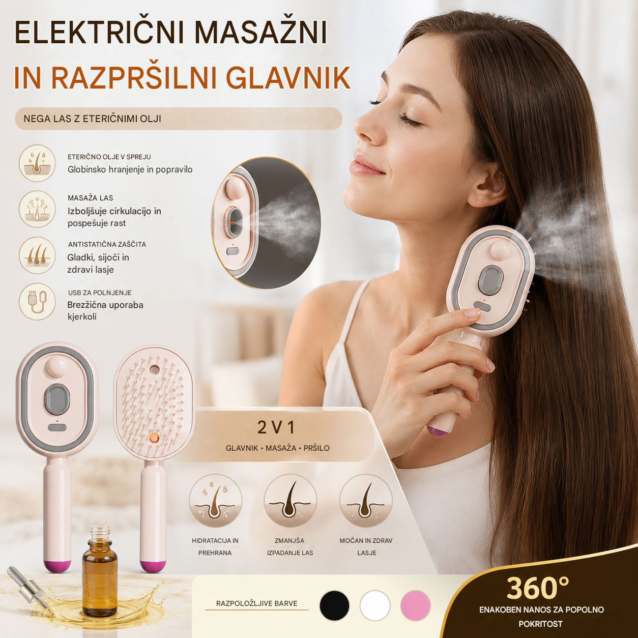 📢📢Posebna ponudba!! ⏰Električni masažni glavnik z razpršilom za zračne blazine in eteričnim oljem, glavnik za nego in razprševanje✨🔥