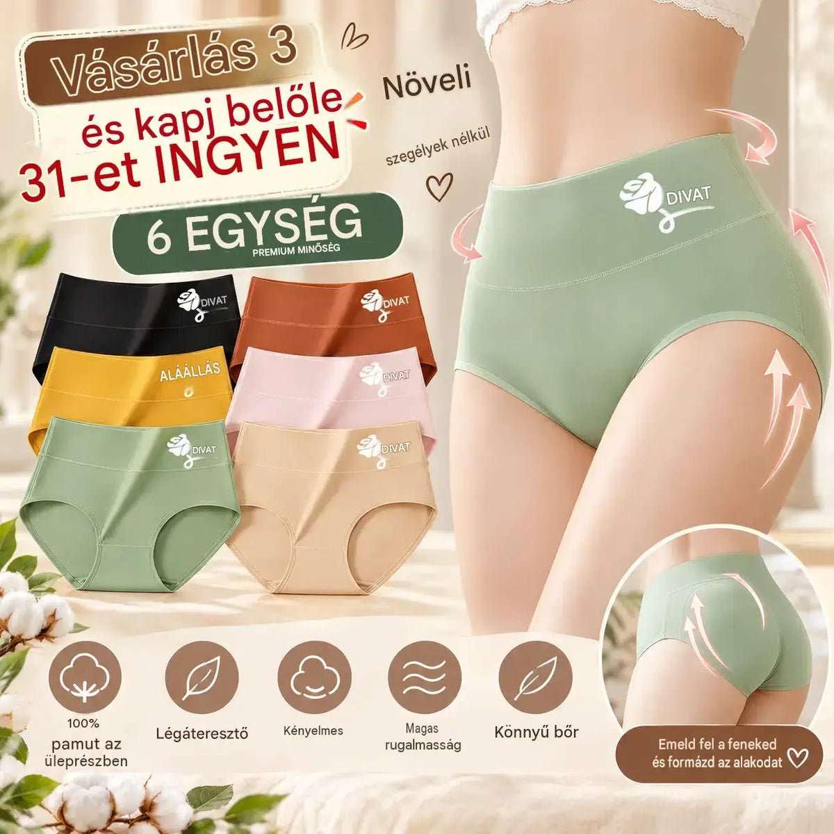 💖Utolsó nap 50% kedvezmény - Magas derekú fenékemelő kiváló minőségű pamutból✨️ （40-100kg）