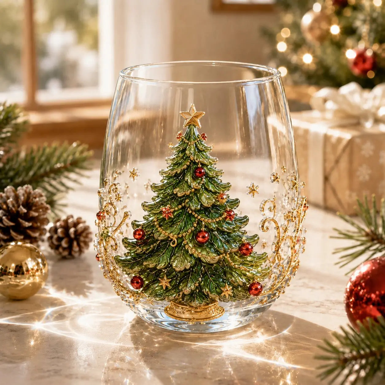 🎄🧑3D vianočný sklenený pohár I Luxusné sviatočné sklo na nápoje, dekorácie a vianočné darčeky.