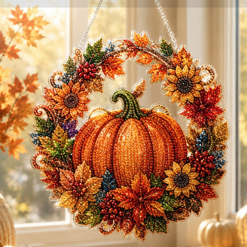 🔥HORÚCI PREDAJ 50% ZĽAVA✨⚡ 50 000+ PREDANÉ! 🎁🍂 Jesenná zavesená dekorácia – tekvicový veniec z diamantového maľovania kompletná DIY sada
