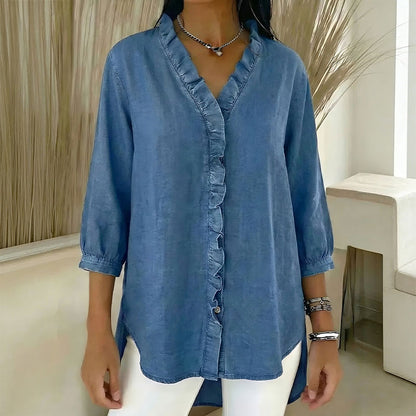 【S-3XL】Koszula damska casualowa z jeansu z dekoltem w serek i falbankami