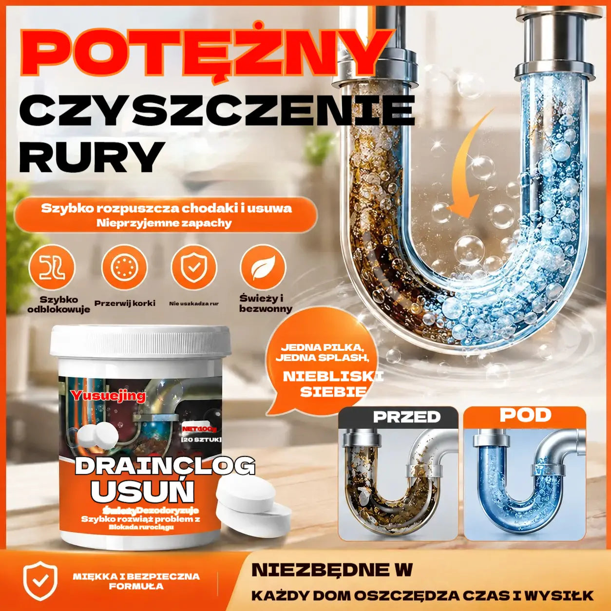 🔥50% ZNIŻKI 【2 za 99 zł.】❤️ Skuteczne musujące tabletki czyszczące, które szybko rozpuszczają zatory spowodowane przetłuszczającymi się włosami i udrażniają odpływy; dodatkowo działają odświeżająco i antybakteryjnie.