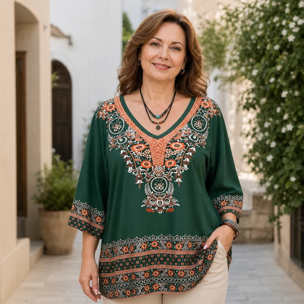 【XL-5XL】SHEHOY|Elegantná dámska blúzka s boho potlačou a výstrihom do V, voľný strih, retro etnický štýl, príjemný a štýlový materiál