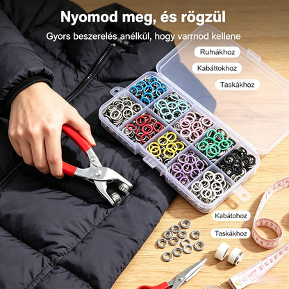 🧵✨Ötágú patentgomb-felszerelő szerszám, 100 láthatatlan színes fém patenttal és 1 kézi nyomófogóval.