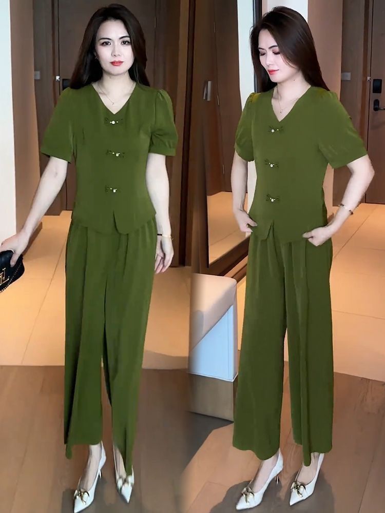 🌸【Top + spodnie z szerokimi nogawkami】Modny zestaw na co dzień. Eleganckie i przewiewne, odpowiednie na różne okazje