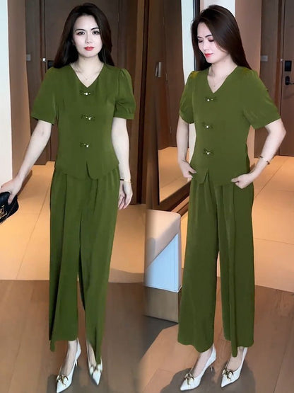 🌸【Top + spodnie z szerokimi nogawkami】Modny zestaw na co dzień. Eleganckie i przewiewne, odpowiednie na różne okazje