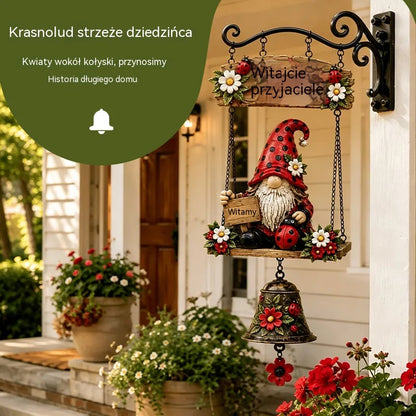 Dzwonek powitalny z krasnalem ogrodowym, tabliczka „Welcome”, retro dzwonek z brązu, żelazny uchwyt ścienny, dekoracja do ogrodu, na taras i podwórko.