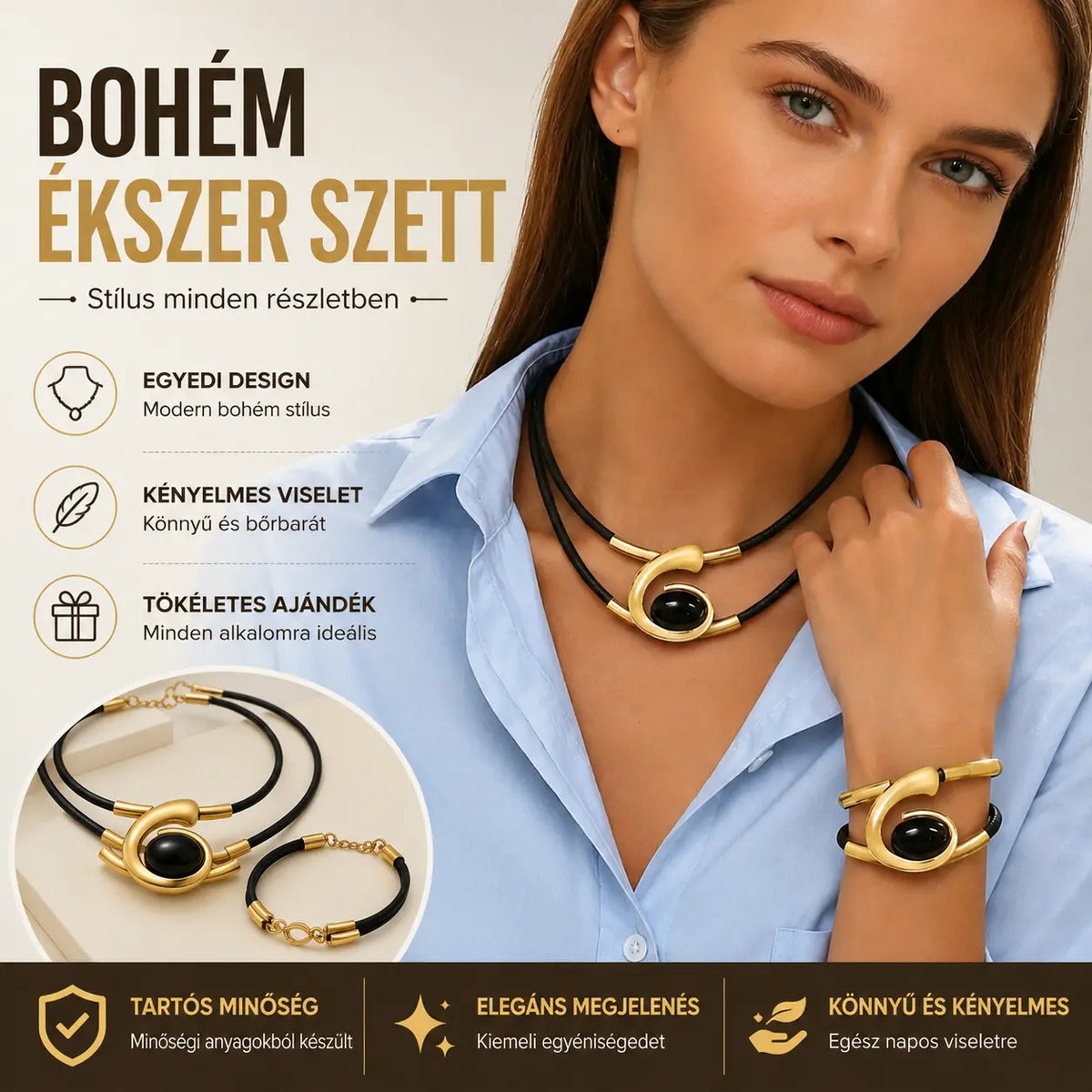 ✨🔥【Új őszi érkezések】Bohém stílusú drágaköves nyaklánc + karkötő szett