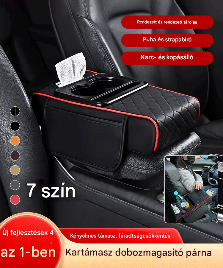 Univerzális, 4 az 1-ben bőrkárpitozású autós könyöktámasz-párna ✅ Beépített zsebkendőtartó ✅ Pohártartó