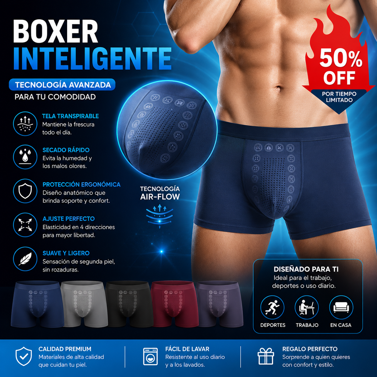 👍🩲50% kedvezmény, vegyél 1-et, kapsz 2-t【Férfi légáteresztő és antibakteriális 3 darabos boxeralsó】