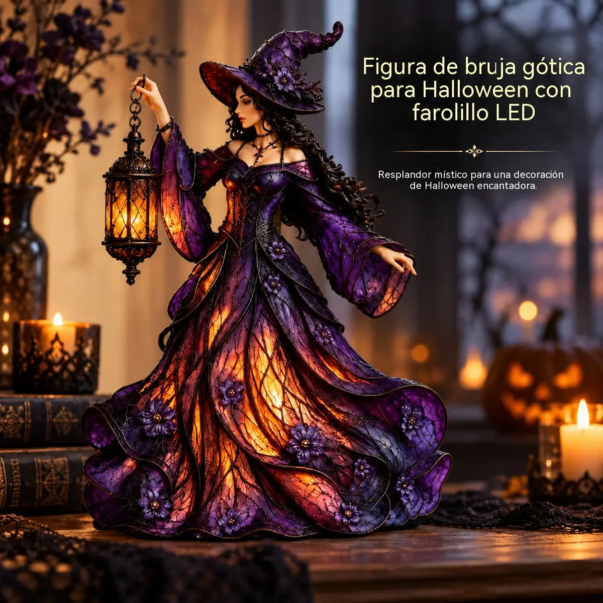🧙‍♀️ Gótikus halloweeni boszorkányfigura LED lámpással 🧙‍♀️