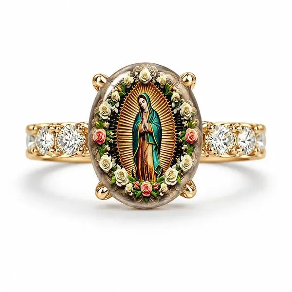 💍 【2 termék—8100 Ft】Aranyszínű, ovális kristályos Szűz Mária-gyűrű