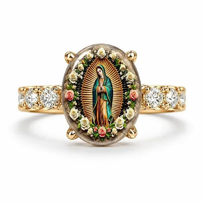 💍 【2 termék—8100 Ft】Aranyszínű, ovális kristályos Szűz Mária-gyűrű
