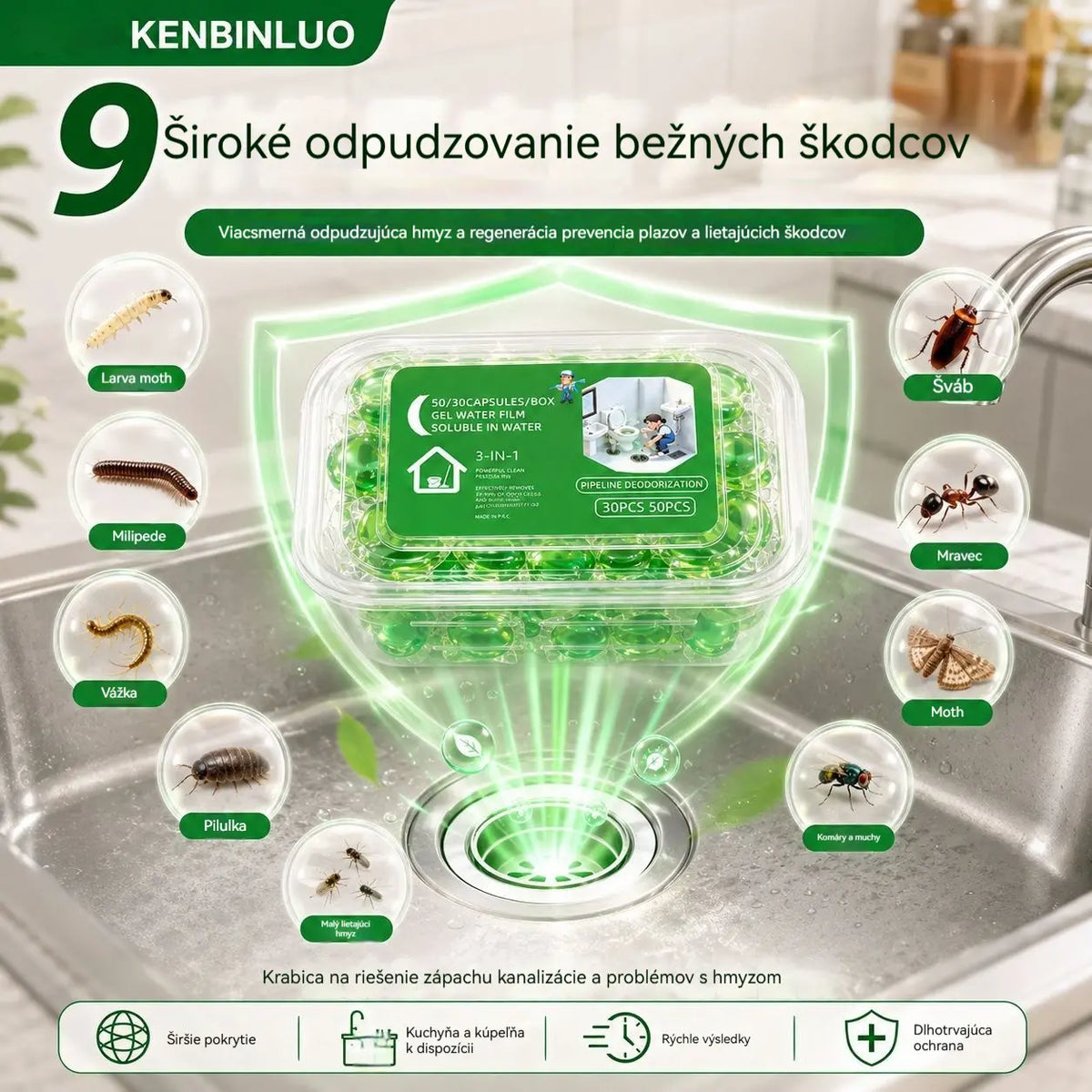 2 csomag (100 tabletta) 👍 Vízben oldódó kapszulák a lefolyószag megszüntetésére – tökéletes megoldás a szagok terjedésének megakadályozására a fürdőszobában és a konyhában.