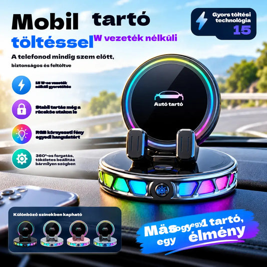 📱 RGB autós tartó automatikus rögzítéssel és 15 W-os vezeték nélküli töltéssel