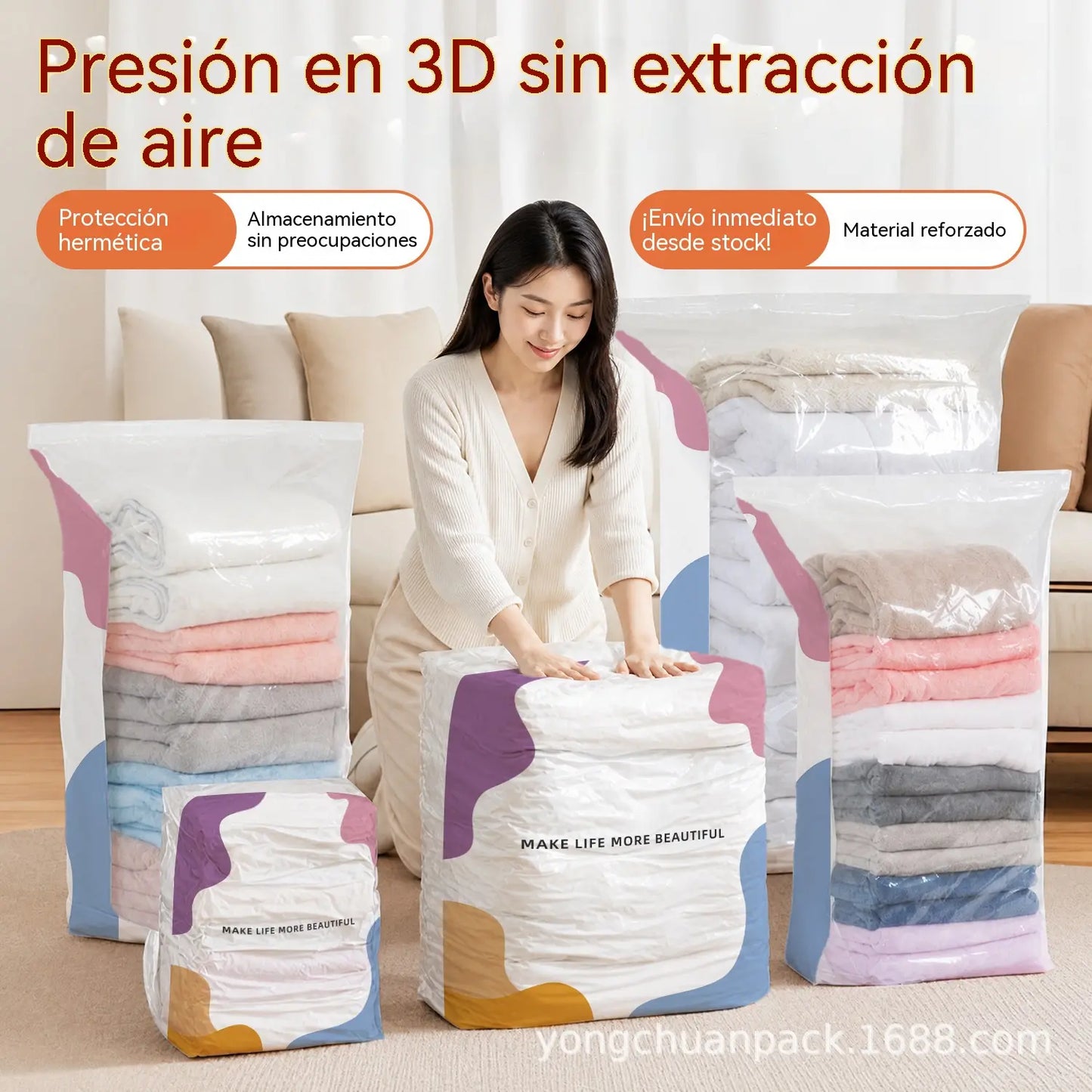 【Juego de 4】Bolsa de almacenamiento al vacío grande y comprimible: no requiere bomba, es hermética e ideal para ahorrar espacio en maletas y en casa.