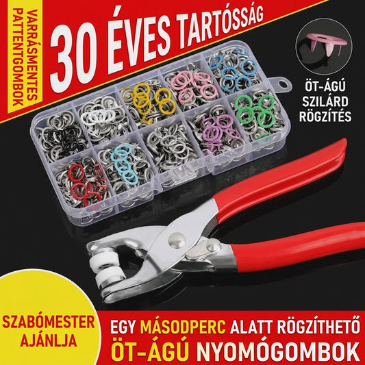 🧵✨Ötágú patentgomb-felszerelő szerszám, 100 láthatatlan színes fém patenttal és 1 kézi nyomófogóval.