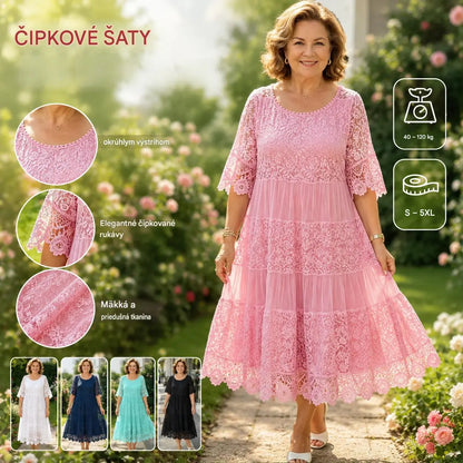 🔥【50%ZĽAVA】✨✨✨【S-5XL】2026Nové šaty s krátkym rukávom, okrúhlym výstrihom a čipkou.