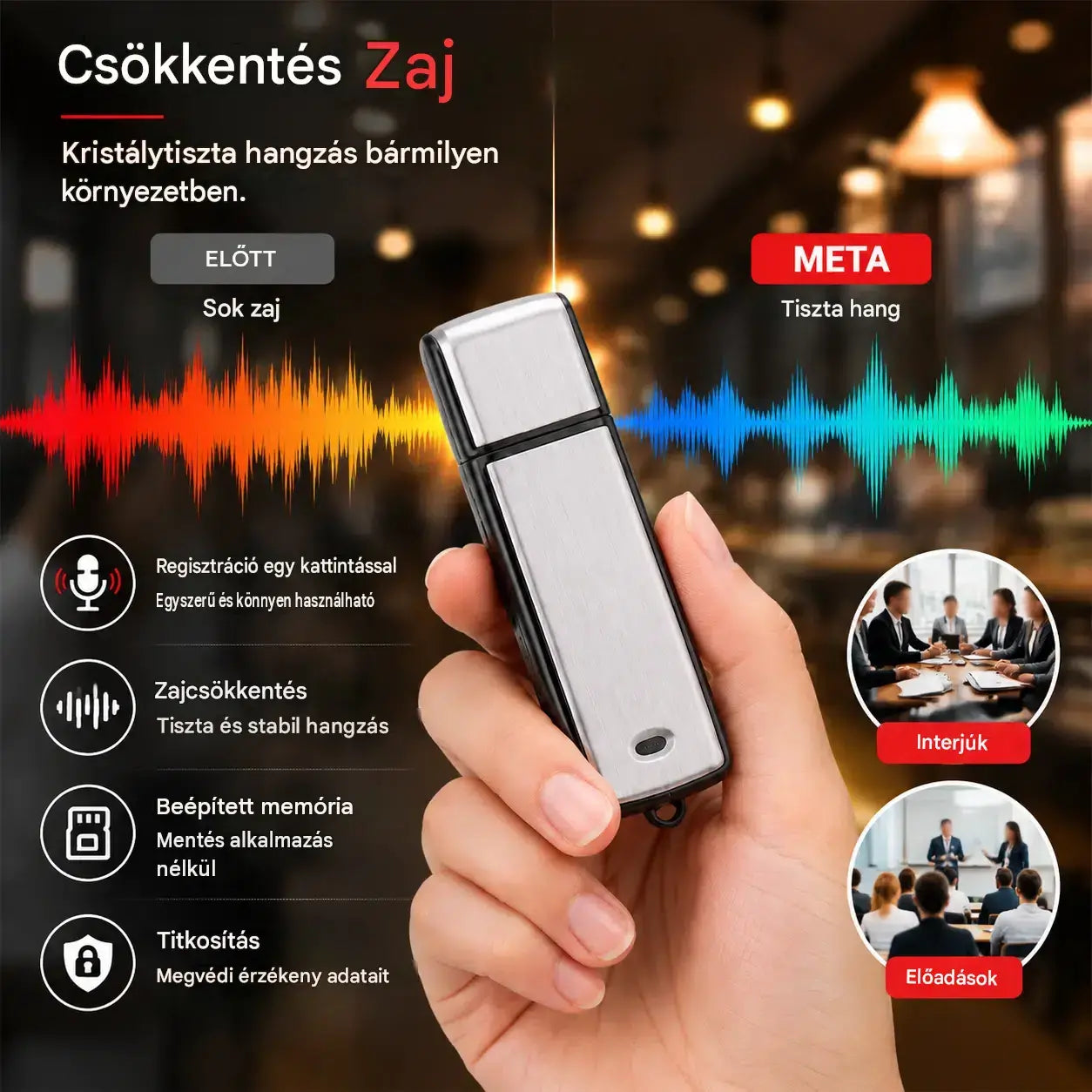 Hordozható, nagy felbontású USB hangrögzítő zajcsökkentéssel