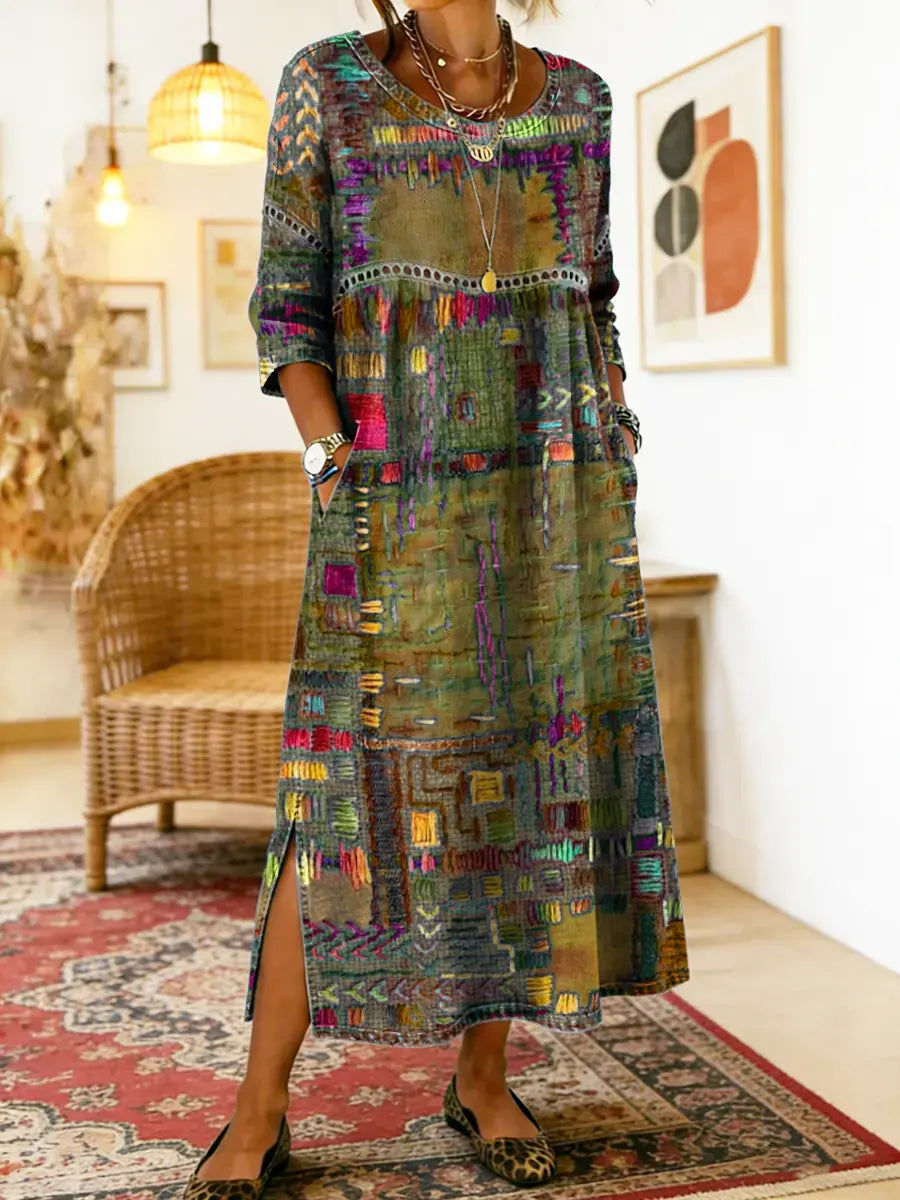 【S-5XL】Boemska maksi obleka z etničnim potiskom patchwork