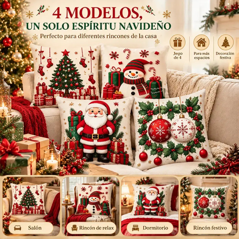 🎅【4 darabos szett】☃️ Karácsonyi párnahuzat Mikulással, hóemberrel, rénszarvassal és fával, ünnepi dekoráció kanapéra, hálószobába és nappaliba, azonnal meghitt hangulatot teremt 🎄✨