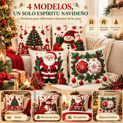 🎅【4 darabos szett】☃️ Karácsonyi párnahuzat Mikulással, hóemberrel, rénszarvassal és fával, ünnepi dekoráció kanapéra, hálószobába és nappaliba, azonnal meghitt hangulatot teremt 🎄✨