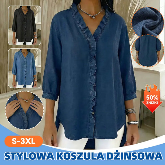 【S-3XL】Koszula damska casualowa z jeansu z dekoltem w serek i falbankami