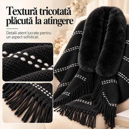 ✨ Kötött téli kendő bolyhos gallérral és elegáns rojtokkal · Kényelmes, laza fazonú poncsó-kardigán nőknek!