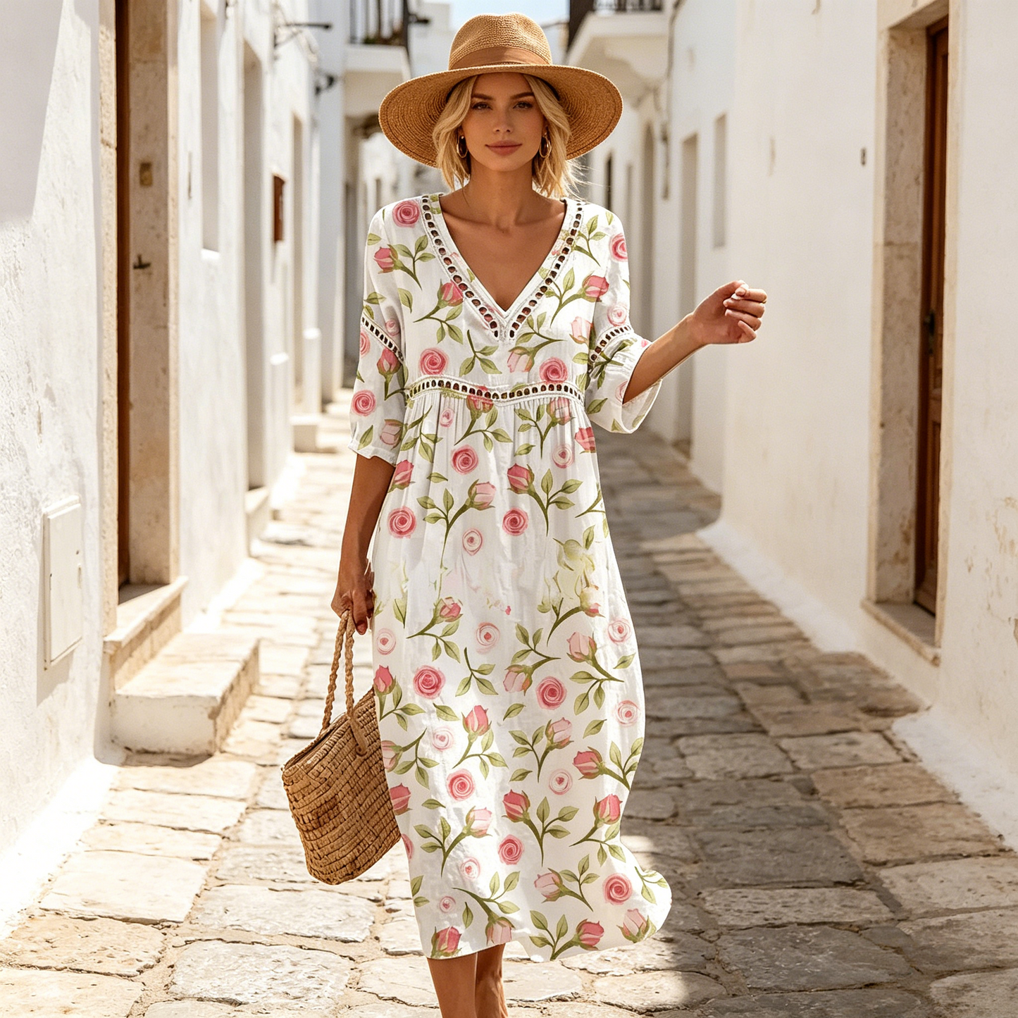 👗【S-3XL】Dámske dlhé šaty z bavlny a ľanu s potlačou – letný štýl, výstrih do V