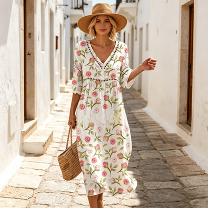 👗【S-3XL】Dámske dlhé šaty z bavlny a ľanu s potlačou – letný štýl, výstrih do V