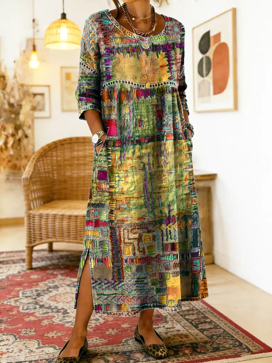 【S-5XL】Boemska maksi obleka z etničnim potiskom patchwork
