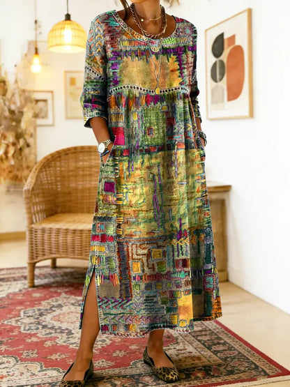 【S-5XL】Boemska maksi obleka z etničnim potiskom patchwork