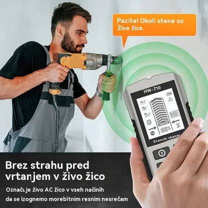 🔍Večfunkcijski detektor kovin, lesa in kablov; varno in natančno locira skrite cevi in kable.