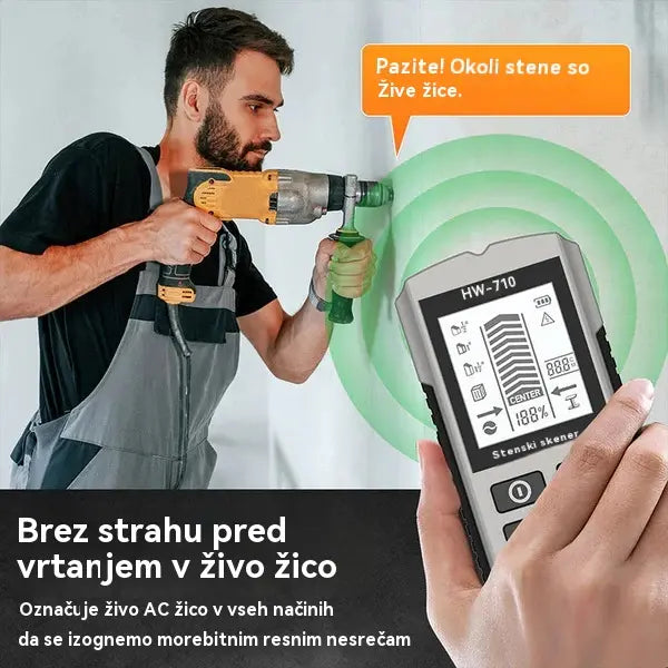 🔍Večfunkcijski detektor kovin, lesa in kablov; varno in natančno locira skrite cevi in kable.