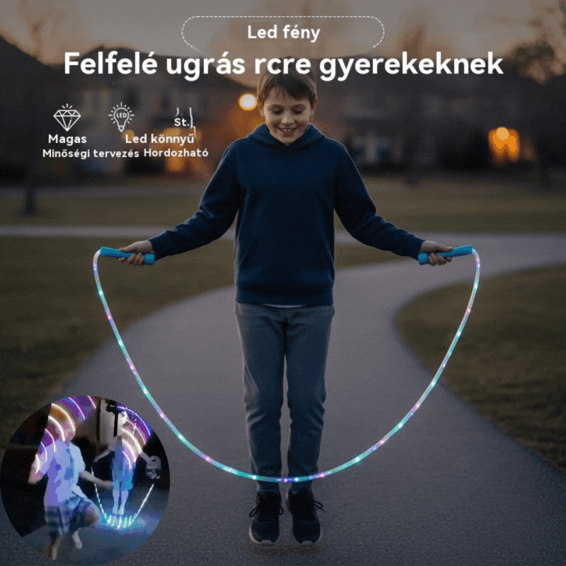 🌟✨ LED-es világítású ugrókötél – 3 állítható üzemmóddal és ütésálló kialakítással a hosszan tartó szórakozásért! 💡🏃‍♀️ Tökéletes szabadtéri tevékenységekhez, fenntartható újratölthető akkumulátorral. 🌿