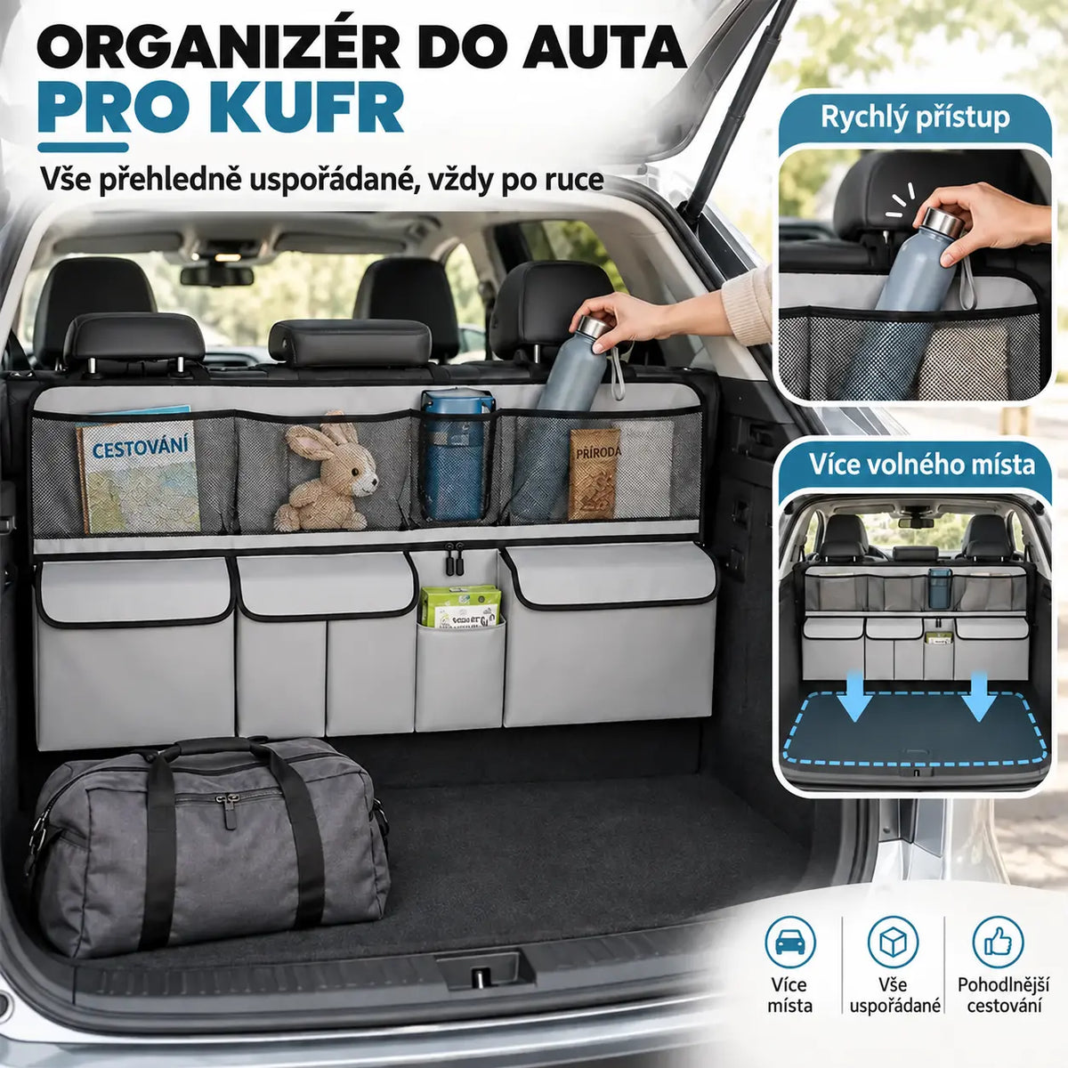 🚗📦 Függeszthető csomagtartó-rendszerező – mérete 105 x 51 cm, helyet szabadít fel a csomagtartó alján; SUV-okhoz és családi autókhoz egyaránt használható, fekete és szürke színben kapható.