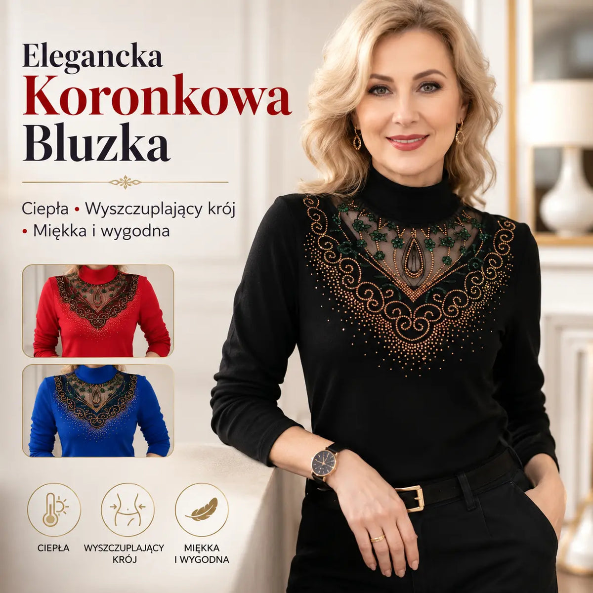 1 za 119 zł.[XL-6XL]❄️🔥Elegancka Bluzka z Ociepleniem i Koronką – Ciepło, Styl i Wyszczuplający Krój w Jednym! ✨
