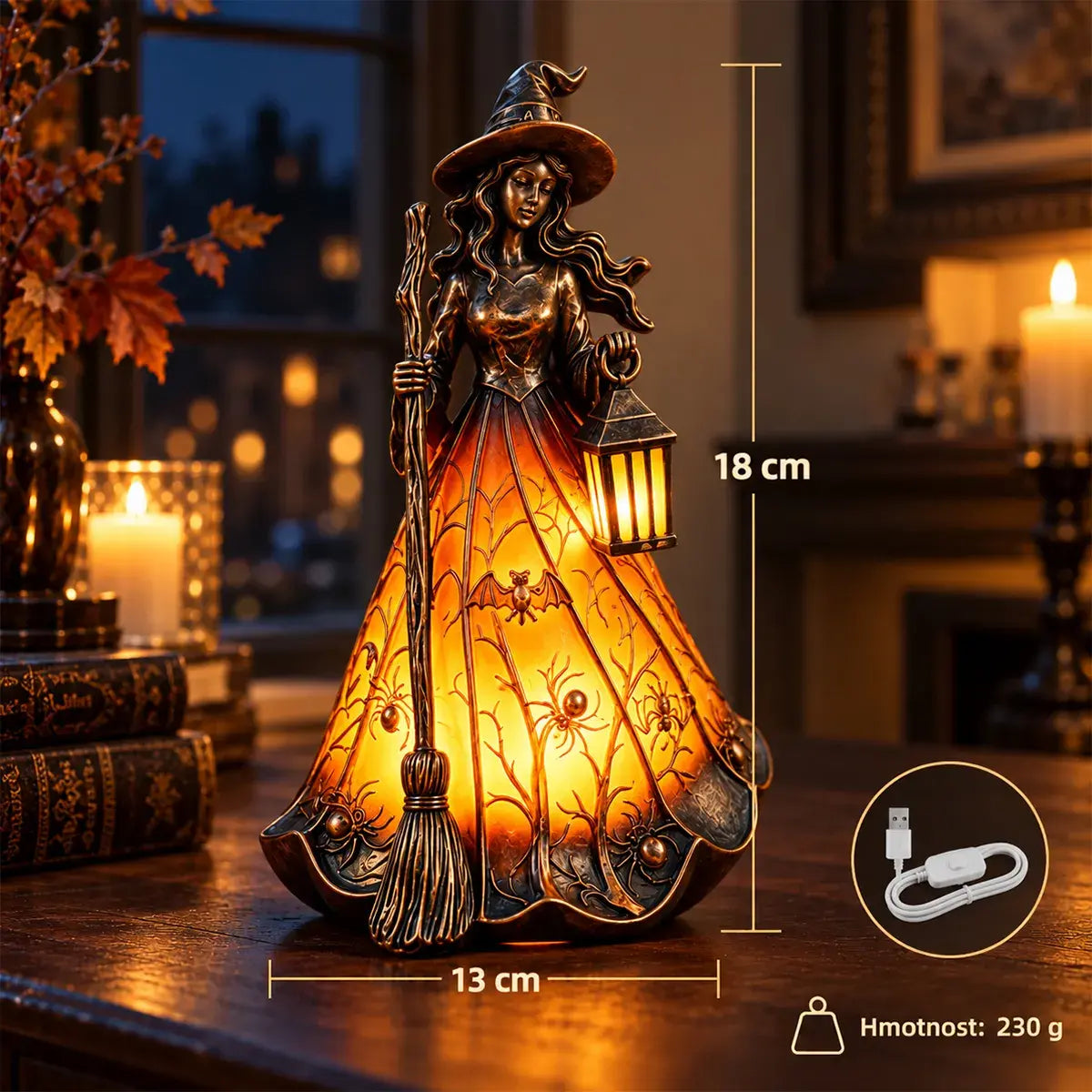 🧙🎃 Halloweeni dekoratív fénydekoráció gyantából, boszorkánymotívummal