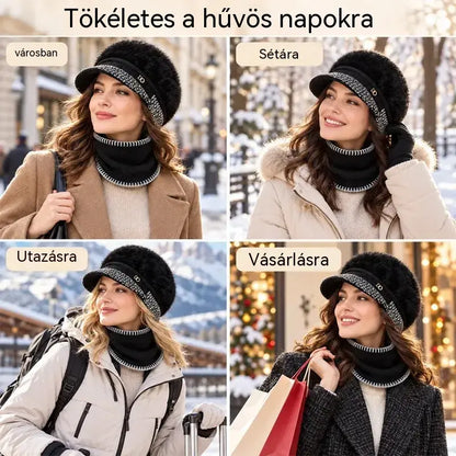 ❄️Elegáns, kétrészes téli szett: nyúlszőr-keverék baseballsapka fülvédővel + kötött sál!