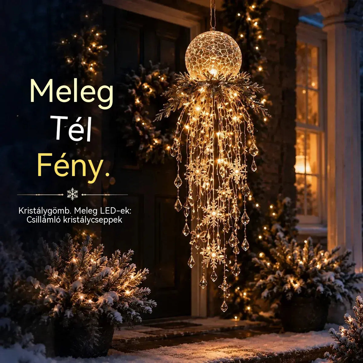 🔥 MA 50% KEDVEZMÉNY 🎅 Függeszthető karácsonyi hópehely és kristály LED-fény | Varázslatos fény a verandára ✨